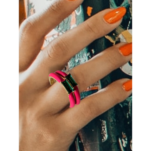Gold-Tone Baguette Green Glass Stone and Pink Enamel Stack Ring Adjustable Size - Picture 2 of 3